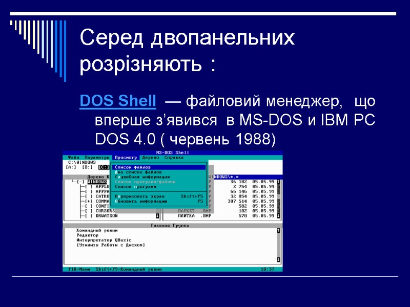 Серед двопанельних розрізняють : DOS Shell  — файловий менеджер,  що вперше з’явився